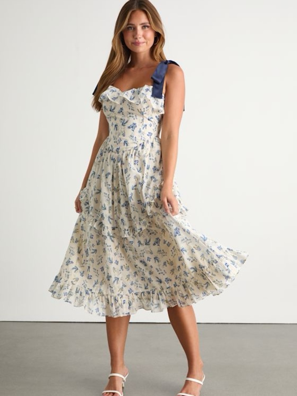 Lulu's Cream Dress with Navy Floral Print and Navy Tie Straps